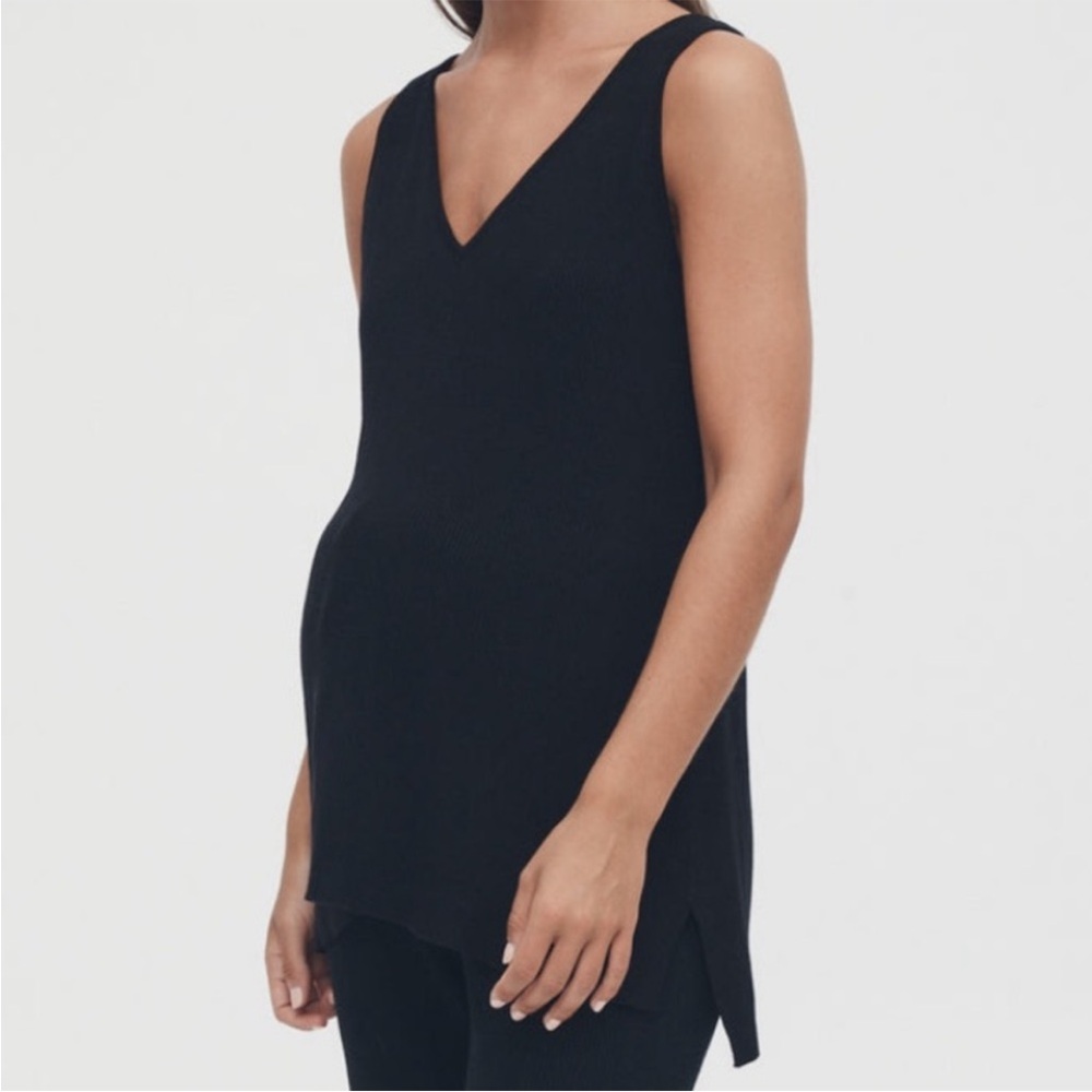 Legoe Heritage Ribbed V-Neck Sleeveless Maternity Nursing Tunic Top Black Large